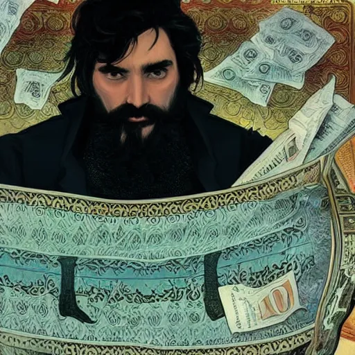 Image similar to a man with black hair and beard, wearing a black jacket, white shirt and jeans, swimming in a pool of dollar bills, sharp focus, illustration, art by greg rutkowski and alphonse mucha''