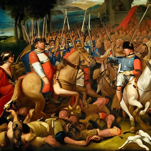 Image similar to a renaissance painting of napoleon's army and the roman army fighting.