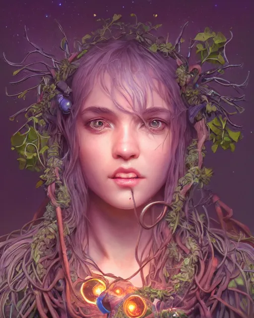 Image similar to portrait of a cute druid, male, bioluminescent, wires, horror, happy, highly detailed, digital painting, cinematic, hyperrealism, dark retrowave, art by pixar and stanley lau and artgerm and magali villeneuve and alphonse mucha, artstation, octane render, cgsociety