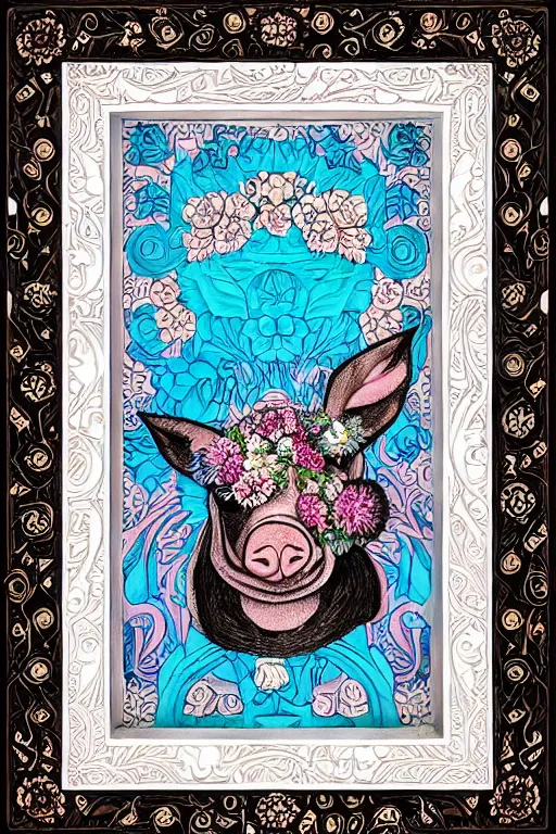 Image similar to Painted dark-wood panel relief carving of a Flowerpunk Piglet, White and pale blue toned, ornate border frame, explosion of colorful flowers, dark wood, intricately carved, black ink, festival of rich colors, intricate details, cinematic lighting, volumetric lighting, post-processing, art nouveau, tarot, fractal art, mandala, by andreas rocha and john howe, and Martin Johnson Heade, featured on artstation, featured on behance, golden ratio, hyper detailed, photorealistic, epic composition, center spotlight, f32, well composed, symmetrical, UE5, 8k