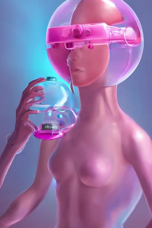 Image similar to Pink Vapor Inhalation Machine in a Medical Laboratory Connected to a Spherical Bottle of Pink Liquid by a Tube, Pink Vapor Leaking from an Oxygen Mask, beautiful woman, fantasy, magic, ultra detailed, digital art, trending on artstation, illustration