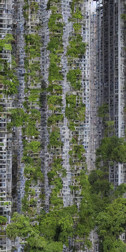 Prompt: elevational photo by Andreas Gursky of tall and slender rusty mixed-use towers emerging out of the ground. The towers have large atrium. The towers are covered with trees and ferns growing from floors and balconies. The towers are clustered very close together and stand straight and tall. The housing towers have 100 floors with deep balconies and hanging plants. Thin bridges span between towers. Cinematic composition, volumetric lighting, architectural photography, 8k, megascans, vray.