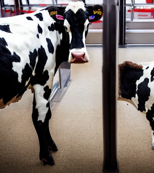 Prompt: two holstein cows with human skin face standing at the airport boarding gate trending flickr technoir detailed portrait