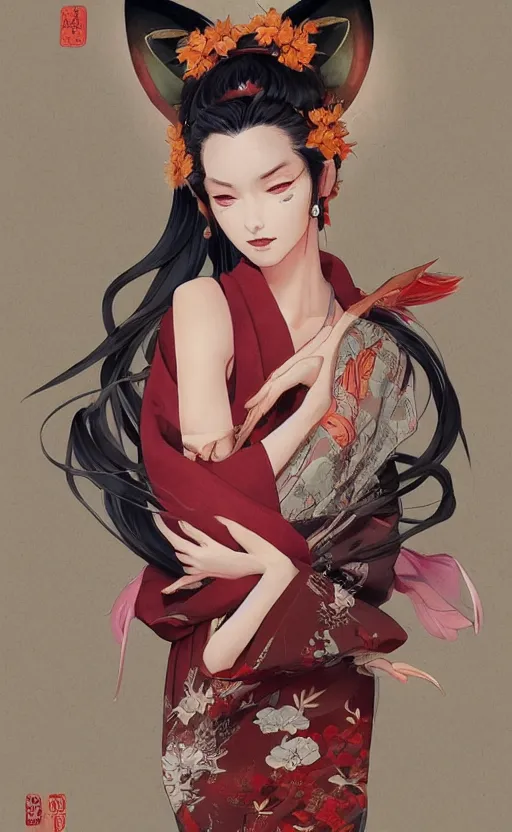 Image similar to An beautiful digital painting of a woman with fox ears and nine tails wearing a kimono, by Stanley Artgerm Lau, WLOP, Rossdraws, James Jean, Andrei Riabovitchev, Marc Simonetti, and Sakimichan, trending on artstation