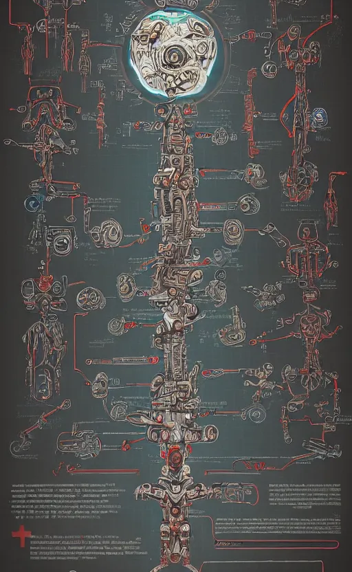 Image similar to anatomy of the terminator, robot, cyborg, t100, bloodborne diagrams, mystical, intricate ornamental tower floral flourishes, rule of thirds, technology meets fantasy, map, infographic, concept art, art station, style of wes anderson