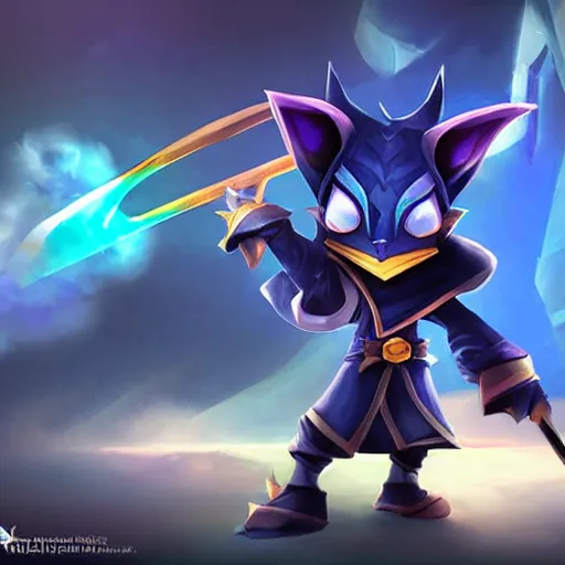 Prompt: Veigar from League of Legends, a small yordle, wearing blue cloak, magical staff, dark face