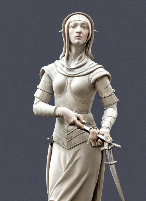 Prompt: a medieval female soldier, elegant, filigree renaissance sculpture from marble, brilliant symmetry, created by verrocchio andrea, leonardo da vinci, sandro botticelli, raffaelle monti, epic 7 0 mm lens shot, artstation trending, photorealism, sharp focus, smooth, establishing shot, sense of awe