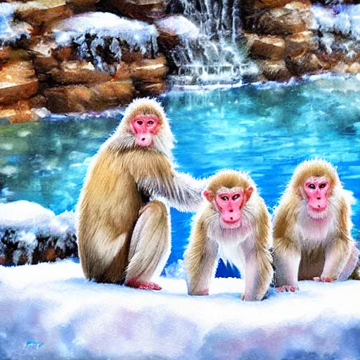 Image similar to snow monkeys at the mountain spa, digital art by Steve Henderson