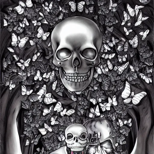 Prompt: Butterflies and skeletons, by Kentaro Miura, in Love, Death, and Robots