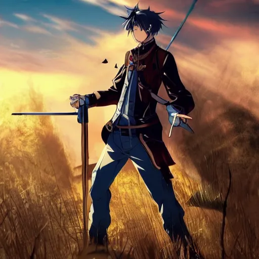 Prompt: full body portrait of a handsome anime guy with steampunk weapons, smug, sheriff, brown uniform, dirty blond, finely detailed, cinematic lighting, grass, sky, clouds, sunny, beautiful,