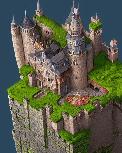 Image similar to an intricate 3d render of a castle by studio ghibli, akira toriyama and disney concept artists, isometric perspective, studio ghibli color scheme, octane, cgsociety, intricate, macro