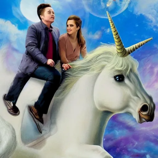 Image similar to an extremely high quality hd surrealism painting of elon musk riding a unicorn with emma watson's face
