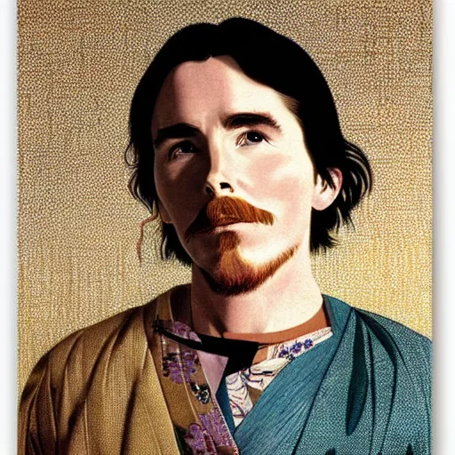 Prompt: “ christian bale portrait by ikenaga yasunari and ayana otake and ko rakusui, 6 0 s poster, drawing, realistic, sharp focus, japanese, dreamy, nostalgia, faded, golden hues, floral clothes, porcelain skin ”