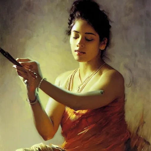 Image similar to detailed portrait of sri lankan girl smoking joint, girl graceful, eyes closed, painting by gaston bussiere, craig mullins, j. c. leyendecker