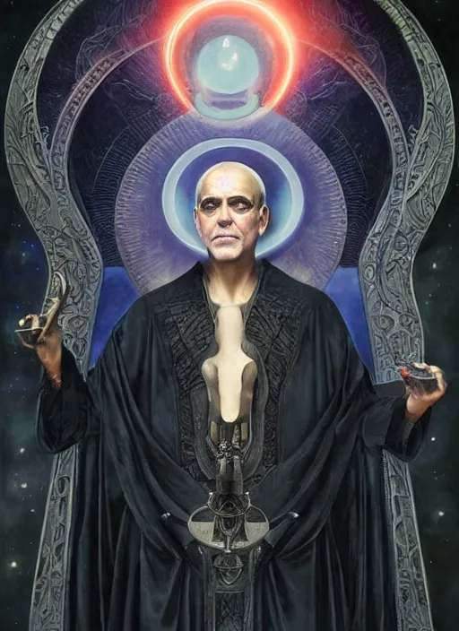 Prompt: george clooney as aleister crowley the grand mage of thelema. art by tom bagshaw and greg danton and manuel sanjulian