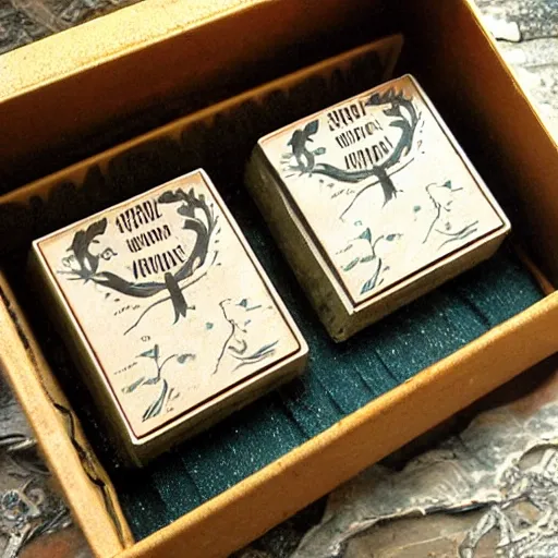 Image similar to vintage gift box for men, stamped with sealing wax, old school, wes anderson style