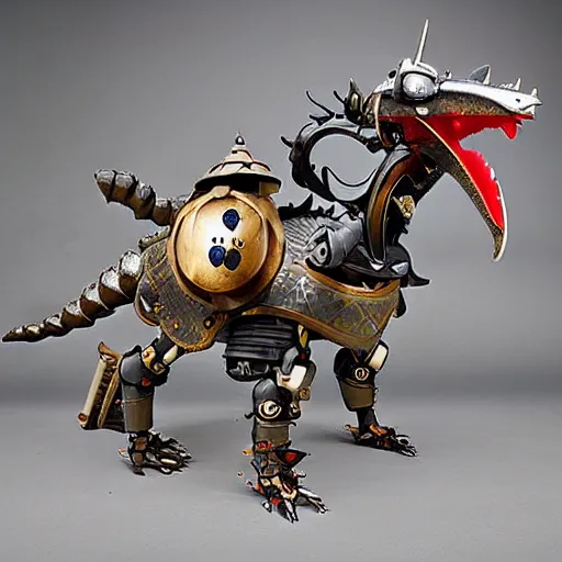 Prompt: robot samurai pets dragon, medieval style, speechclouds