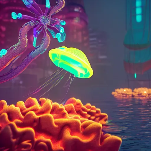 Image similar to cyberpunk jellyfish, with neon Bioluminescence, in deep ocean, above a coral reef, cinematic lighting, ultra detail, photo realistic, octane render