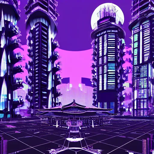 Image similar to Futuristic Pagoda Shrine in Tokyo megapolis in style of Tsutomu Nihei in purple and black tones. ArtStation, Cyberpunk, vertical symmetry, 8K, Highly Detailed, Intricate, Album Art.