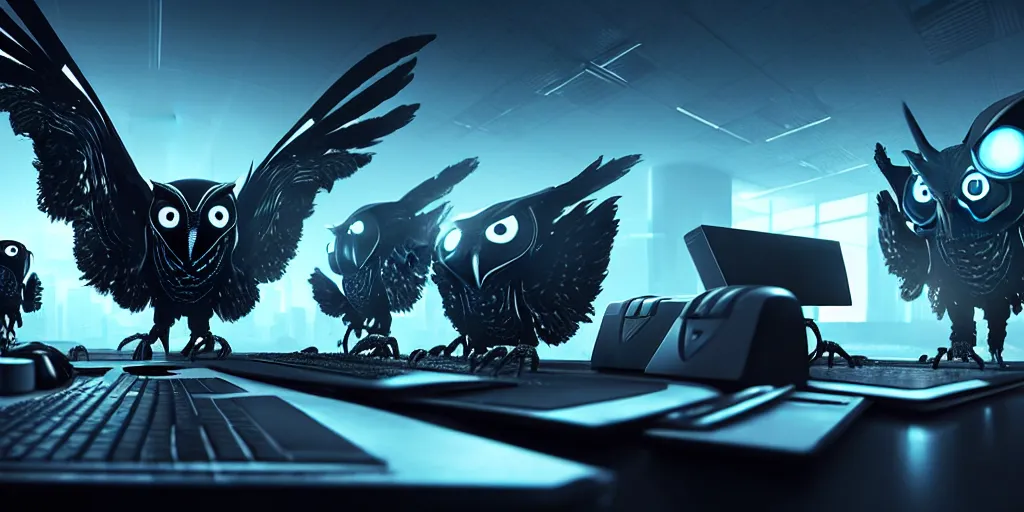 Image similar to an giant evil, malevolent, cyborg owls looking at a computer, surrounded by computer screens. this 4 k hd image is trending on artstation, featured on behance, well - rendered, extra crisp, features intricate detail and the style of unreal engine. volumetric lighting octane render