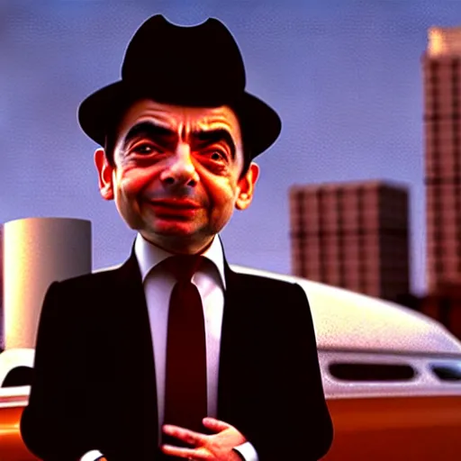 Image similar to mr. bean as a blues brother from the blues brothers movie. movie still. cinematic lighting.