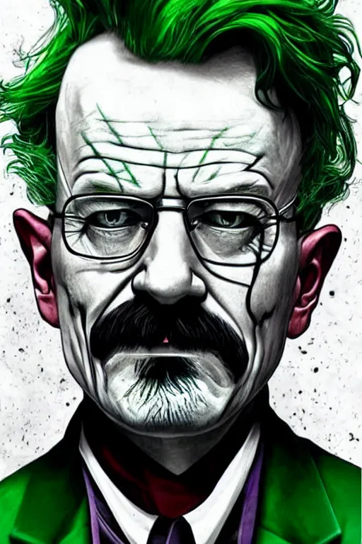 Image similar to walter white as the joker, green hair, photorealistic, highly detailed,