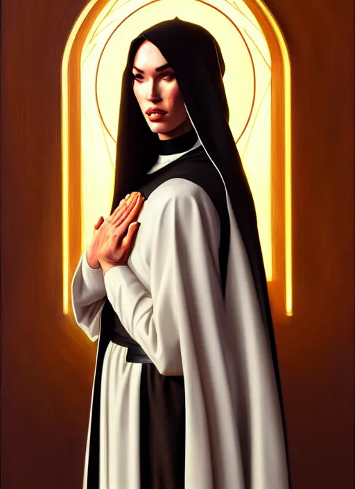 Prompt: portrait of megan fox as a nun praying, catholic, church, bible, christian, intricate, headshot, highly detailed, digital painting, artstation, concept art, sharp focus, cinematic lighting, illustration, art by artgerm and greg rutkowski, alphonse mucha, cgsociety