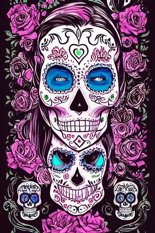 Prompt: Illustration of a sugar skull day of the dead girl, art by liam wong