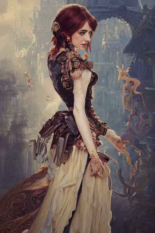 Prompt: a cobination of emma roberts, emma stone and emma watson as a baroque steampunk, augmented cyborg, half body, d & d, fantasy, intricate, elegant, highly detailed, colorful, vivid color, digital painting, artstation, concept art, art by artgerm and greg rutkowski and alphonse mucha and ruan jia