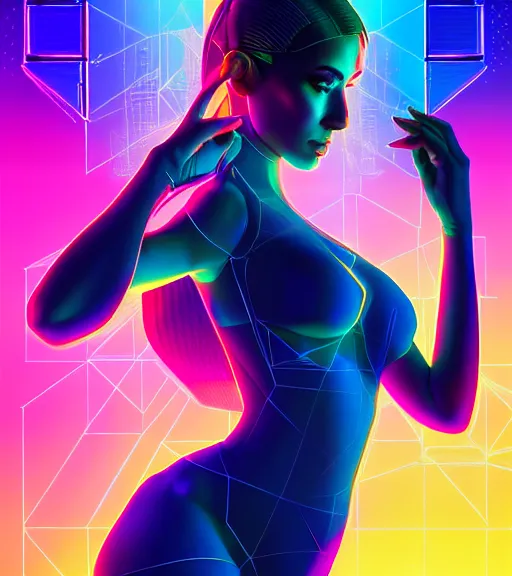 Image similar to symmetry!! latin princess of technology, solid cube of light, hard edges, product render retro - futuristic poster scifi, lasers and neon circuits, beautiful woman latin princess, intricate, elegant, highly detailed, digital painting, artstation, concept art, smooth, sharp focus, illustration, dreamlike, art by artgerm