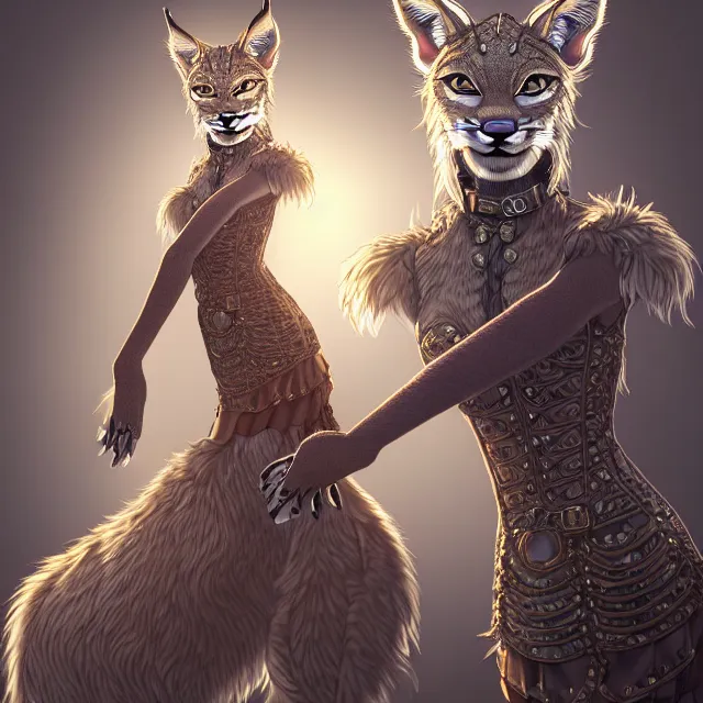 Image similar to the portrait of anthropomorphic lynx fursona wearing a steampunk dress as unimaginably beautiful, gorgeous, elegant, young lynx, an ultrafine hyperdetailed illustration by hioshiru, intricate linework, white fur, unreal engine 5 highly rendered, global illumination, radiant light, detailed and intricate environment