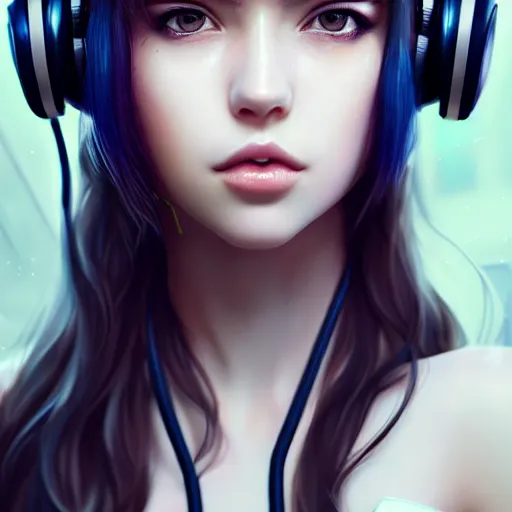 Image similar to beautiful full portrait of a girl, brunette curvy long hair, full - body shot, wearing cyberpunk headphones, streetwear, like a fashion model + high detailed, resolution beautifully detailed landscape trending on artstation 8 k, cinematic, epic detailed trending on artstation 8 k, by bukurote + krenz cushart + ryota - h + wlop