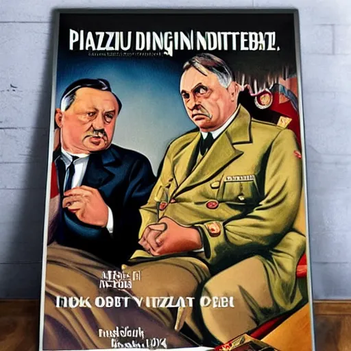 Image similar to hungarian prime minister viktor orban sits on hitler's lap, nazi germany propaganda poster art 1 9 4 4, highly detailed, colored