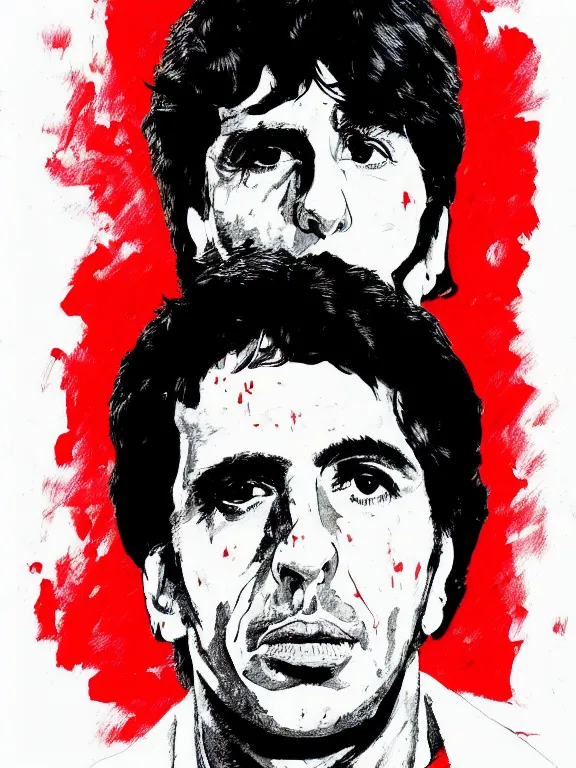 Image similar to headshot portrait. tony montana from movie scarface 1 9 8 3. al pacino, perfect face, fine details., 4 k, red and black ink paint