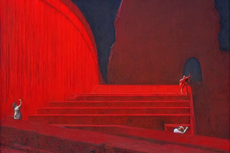 Image similar to only with red, a red melted emperor, taormina amphitheatre, crowd hails him, in the style of beksinski, parts by edward hopper, parts by rodcenko, parts by yue minjun, intricate and epic composition, red by caravaggio, insanely quality, highly detailed, masterpiece, red light, artstation, 4 k