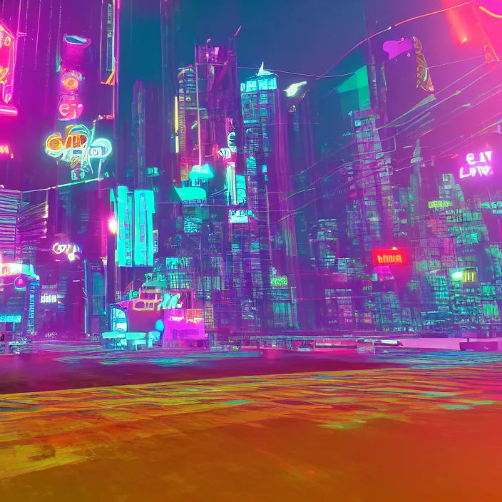 Image similar to wide ((wide)) photo of surreal city sky line (((dynamic neon lighting)) in chromatic dmt trippy style of fear and loathing unreal engine 50mm photorealistic