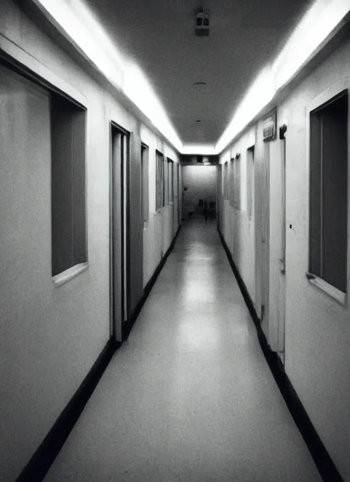 Image similar to hospital hallway with a devilish demon at the end, back rooms, liminal horror, uncanny valley, found footage horror movie, shot on expired kodak tri - x film, extremely unsettling