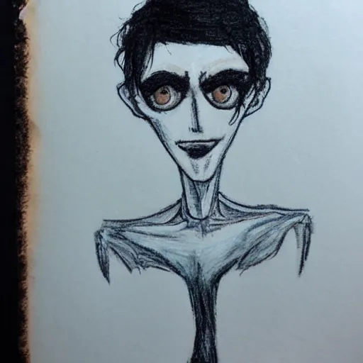 Image similar to young man portrait, black hair, skinny, sleep deprived, corpse bride art style