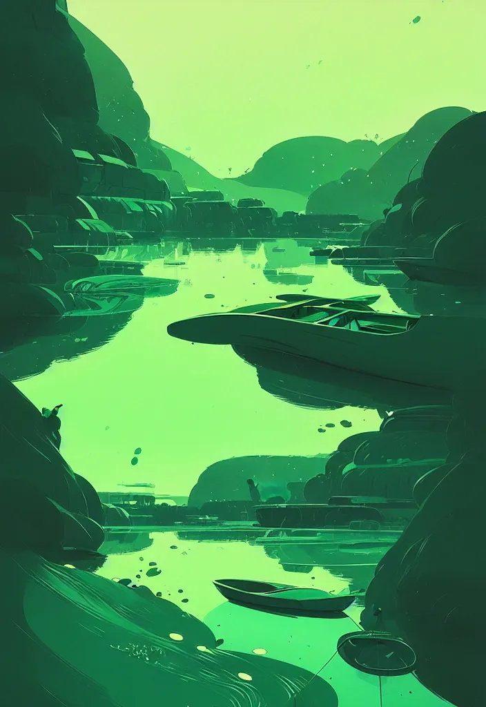 Image similar to by moebius and atey ghailan | a bright green river with clear crystal boats moving up and down it |