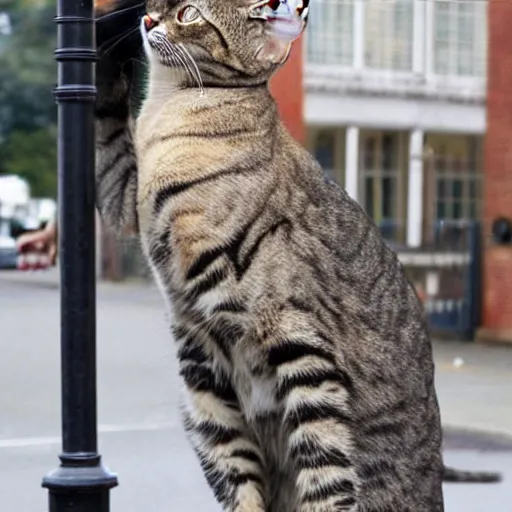 Image similar to Wow, the tongue of this cat is really stuck to the lamp post! poor thing