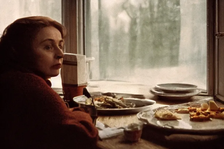 Image similar to soviet movie still a soviet woman sitting at a table next to the window with food, dark warm light, a character portrait by margarita terekhova, movie stalker solaris film still by andrei tarkovsky, 8 k, 1 9 8 4, close - up bokeh, gelios lens, color, noir