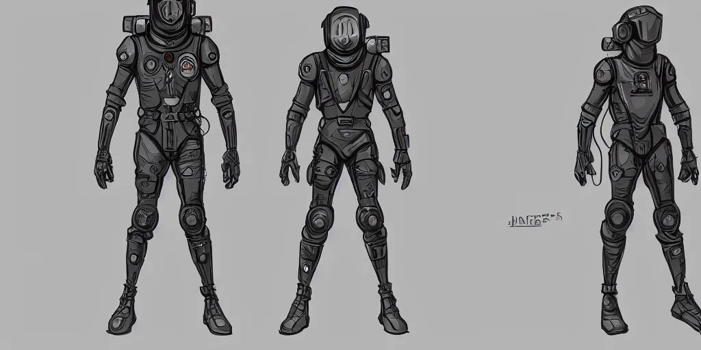 Image similar to male, fully body, elongated figure, space suit with a helmet, large shoulders, short torso, long thin legs, tiny feet, character sheet, digital sketch, hyperdetailed, dieselpunk, stylized character design, concept design