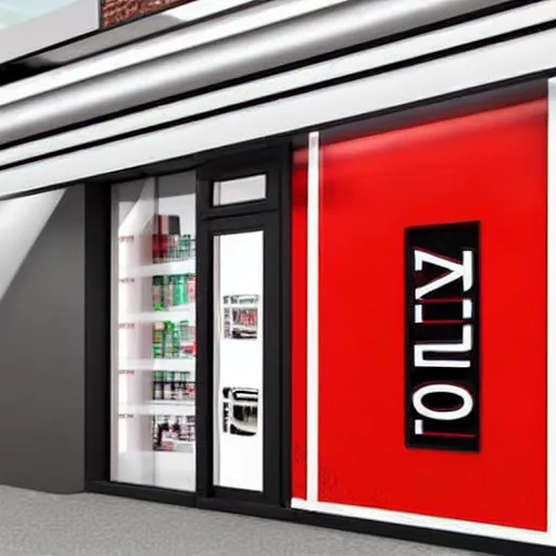 Prompt: Award winning shopfront design, convenience store, anthracite with red accents, metal, paint, textures, highly detailed, bright signage