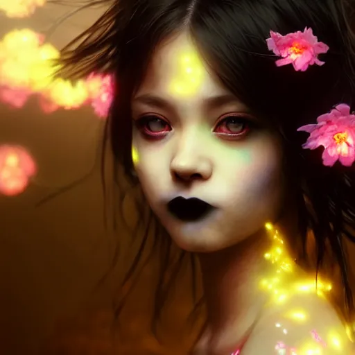 Image similar to terrifying closeup portrait of a beautiful carefree goth girl in tanktop covered in glowing flowers, by katsuhiro otomo, yoshitaka amano, nico tanigawa, artgerm, greg rutkowski makoto shinkai takashi takeuchi rendered with intense 3 d effect reflective shadowing, cinematic lighting, hyperrealistic illustration uhd 8 k