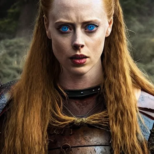 Prompt: deborah ann woll as a barbarian warrior in a dystopian future battleground