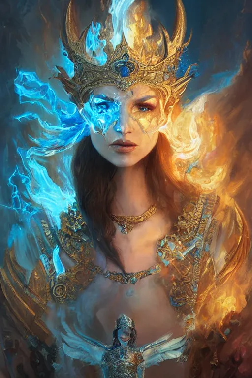 Image similar to beautiful princess with face covered with fire, king sorcerers, ornate, blue and silver, armor, robes, diamonds, angel, fantasy, yellow background beam, dramatic lighting, highly detailed, digital painting, magic the gathering, 3 d render, hyper realistic detailed portrait, peter mohrbacher, wlop, ruan jia