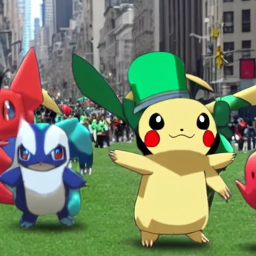 Image similar to a parade of pokemon marching down 5 th ave manhattan on st. patrick's day, 8 k, photo realistic, extremely life like