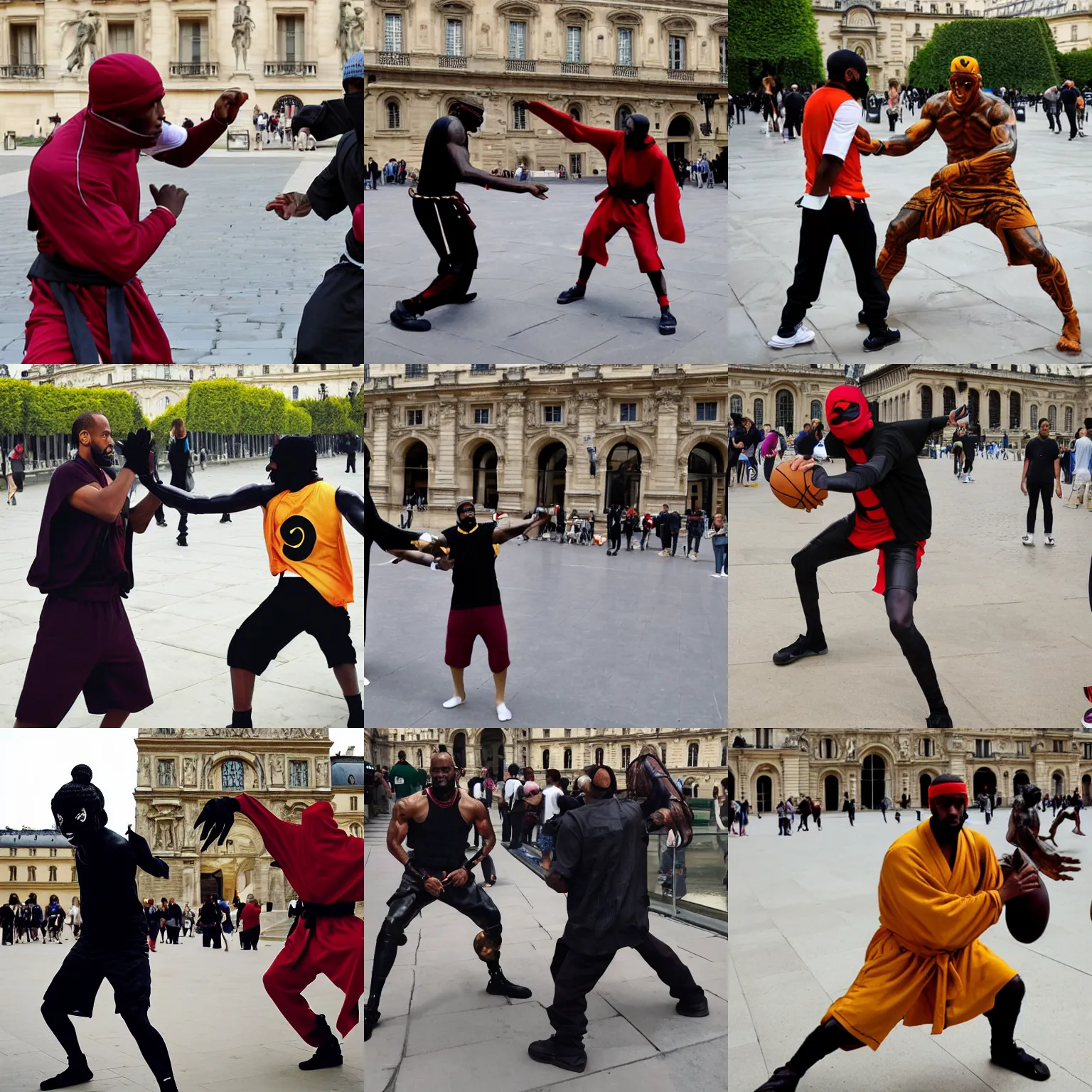 Prompt: Nartuo Uzumaki in a ninja battle against LeBron James outside the louvre museum