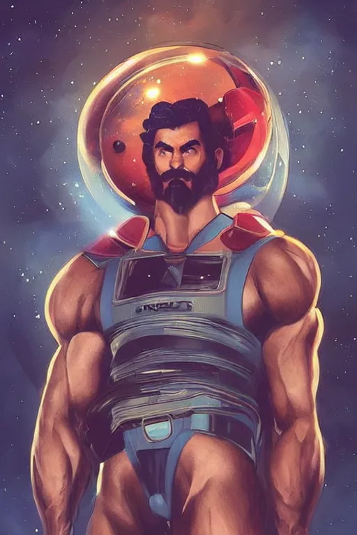 Image similar to gigachad luigi bodybuilder in space by ilya kuvshinov, ernest khalimov body by krista sudmalis, super mario bros symmetrical face concept art, hyper realistic, intricate, elegent, highly detailed, digital painting, concept art, smooth, sharp, focus, illustration, art by artgerm and greg rutkowski and alphonse mucha, artstation