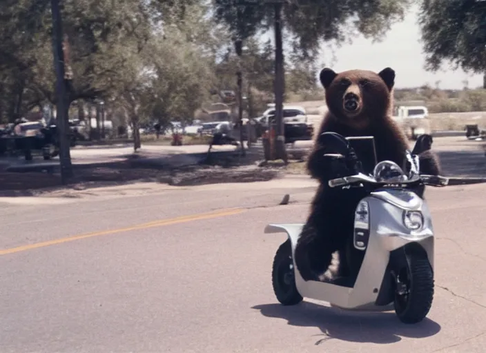 Prompt: film still of a bear wearing a bandana riding a rascal motor scooter in compton ca, 8 k